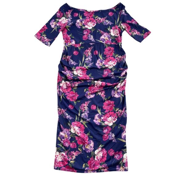 ASOS Maternity Dress US 4 Navy Purple Pink Floral Print Ruched Pencil Bodycon - Picture 1 of 13